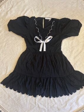 Midnight Sky Black Babydoll Dress White Trim Bow Puff Sleeve Size M